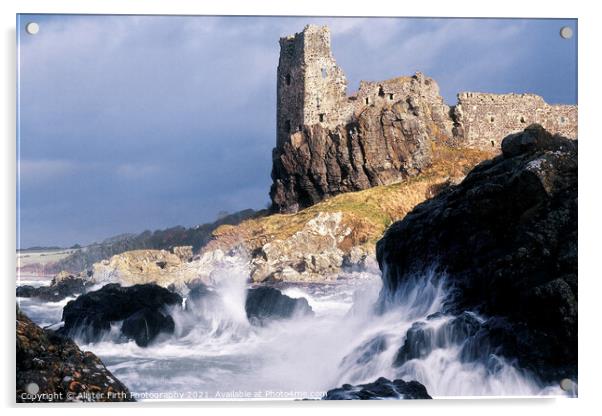 Stormy winter seas break against the rocky shore at Dunure Castle Acrylic by Alister Firth Photography