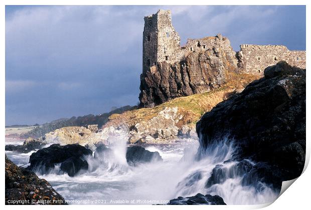 Stormy winter seas break against the rocky shore at Dunure Castle Print by Alister Firth Photography