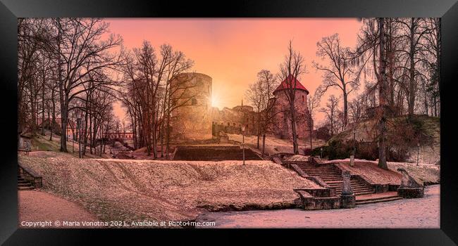 Sunset over Cesis castle in beautiful park Framed Print by Maria Vonotna
