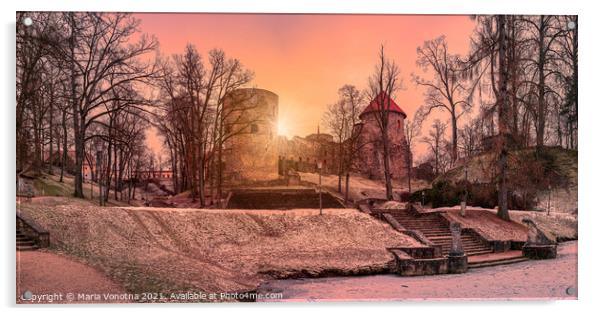 Sunset over Cesis castle in beautiful park Acrylic by Maria Vonotna