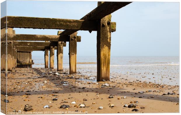 Cromer Beach, The North Sea and the defence Canvas Print by Chris Haynes
