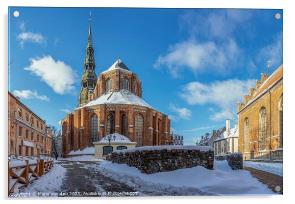 Saint Peter's church against blue sky in winter in Riga, Latvia. Acrylic by Maria Vonotna