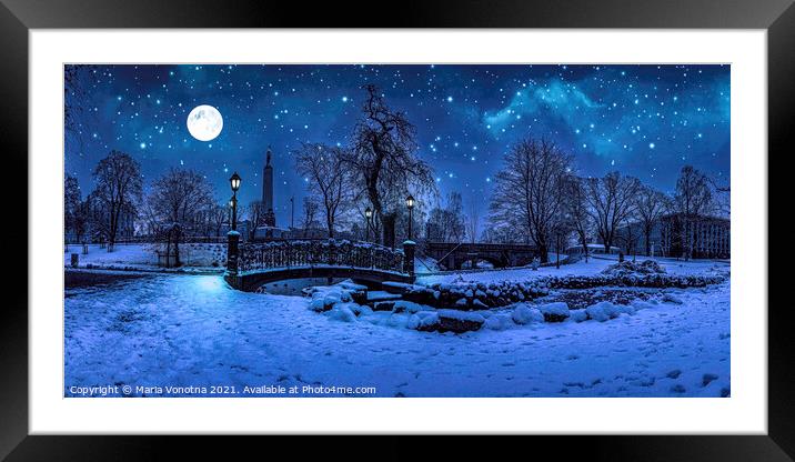 Winter night with starry sky and full moon in snow Framed Mounted Print by Maria Vonotna