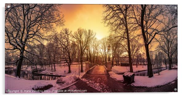 Snowy park during sunset in Riga, Latvia.  Acrylic by Maria Vonotna