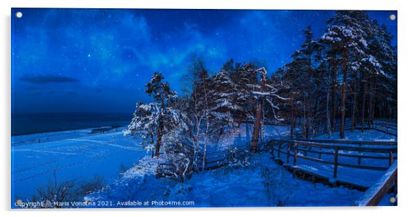 Nighttime winter scene near sea coast Acrylic by Maria Vonotna