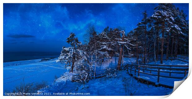 Nighttime winter scene near sea coast Print by Maria Vonotna