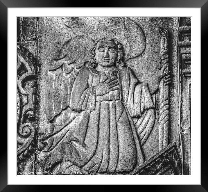 black and white Stone Angel Facade San Cristobal C Framed Mounted Print by William Perry