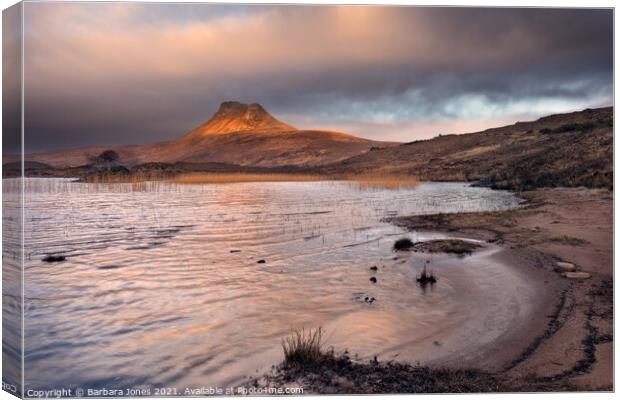 Moody Sunrise over Stac Pollaidh, Loch Lurgainn Canvas Print by Barbara Jones