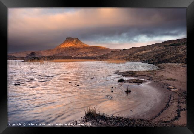 Moody Sunrise over Stac Pollaidh, Loch Lurgainn Framed Print by Barbara Jones