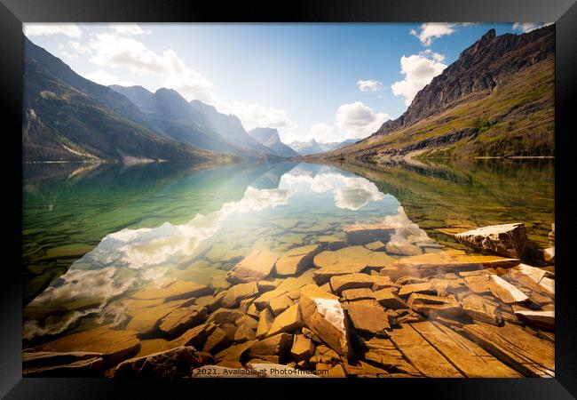 Reflection St Mary Lake, Glacier National Park, Montana Framed Print by Shawna and Damien Richard