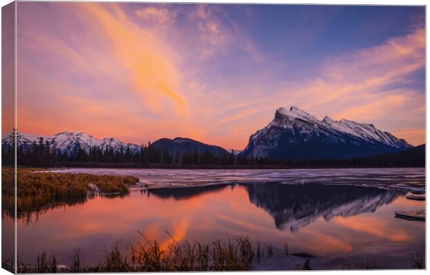 Rundle Reflection in Vermillion Lakes, Banff National Park, Alberta Canvas Print by Shawna and Damien Richard