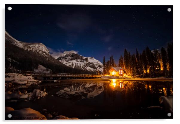 Emerald Lake Lodge at Night Acrylic by Shawna and Damien Richard