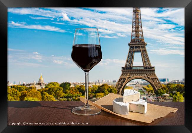 Glass of wine with brie cheese on Eiffel tower in Paris Framed Print by Maria Vonotna