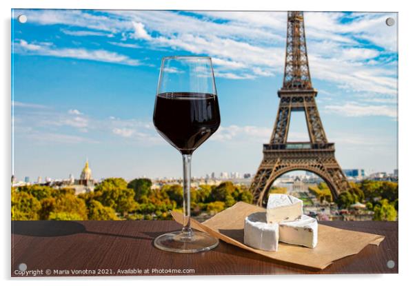 Glass of wine with brie cheese on Eiffel tower in Paris Acrylic by Maria Vonotna