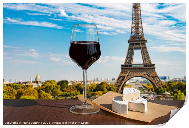 Glass of wine with brie cheese on Eiffel tower in Paris Print by Maria Vonotna