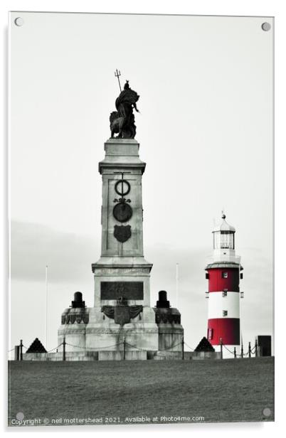Armada  Memorial & Smeaton's Tower, Plymouth Hoe. Acrylic by Neil Mottershead