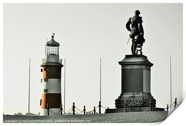 Sir Francis Drake & Smeaton's Tower, Plymouth. Print by Neil Mottershead