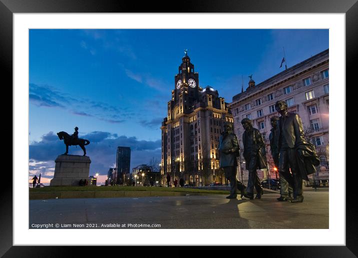 The Liverbirds at Twilight Framed Mounted Print by Liam Neon