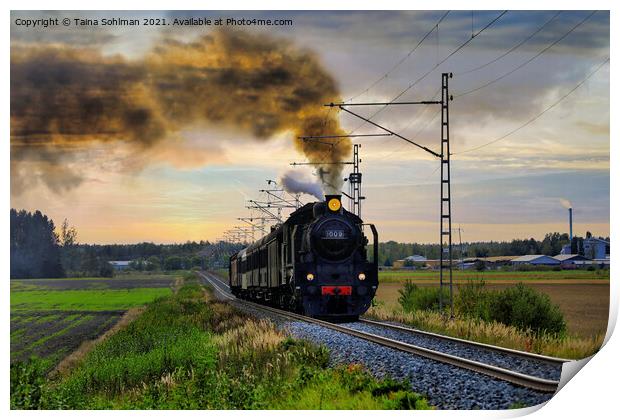 Steam Train Ukko-Pekka 1009 Travel in the Evening Print by Taina Sohlman