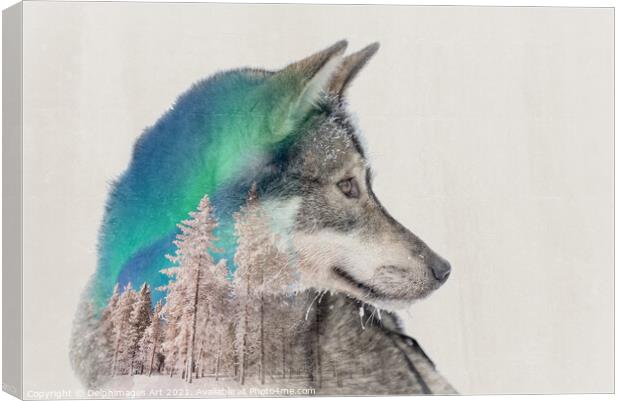 Double exposure husky dog and snowy landscape Canvas Print by Delphimages Art