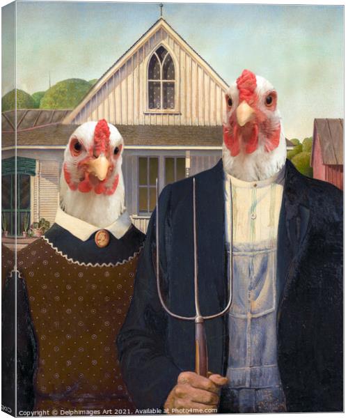 Portrait of chickens  farmers of America Gothic Canvas Print by Delphimages Art