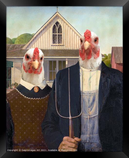 Portrait of chickens  farmers of America Gothic Framed Print by Delphimages Art