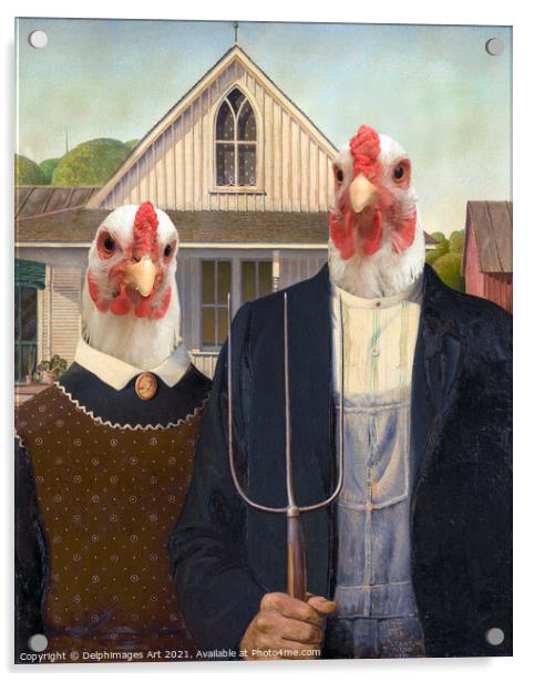 Portrait of chickens  farmers of America Gothic Acrylic by Delphimages Art
