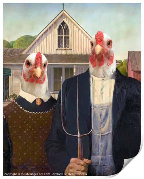 Portrait of chickens  farmers of America Gothic Print by Delphimages Art