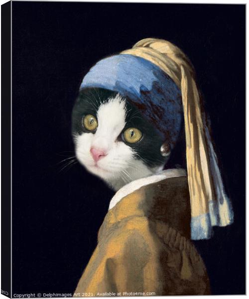 Portrait of a cat as the Girl with a Pearl Earring Canvas Print by Delphimages Art