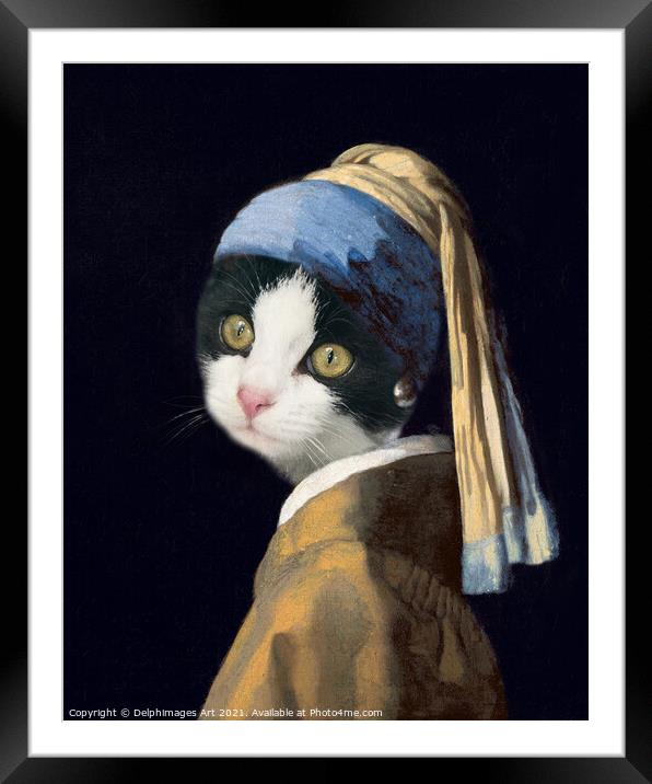 Portrait of a cat as the Girl with a Pearl Earring Framed Mounted Print by Delphimages Art