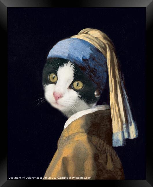Portrait of a cat as the Girl with a Pearl Earring Framed Print by Delphimages Art