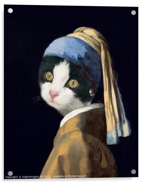 Portrait of a cat as the Girl with a Pearl Earring Acrylic by Delphimages Art