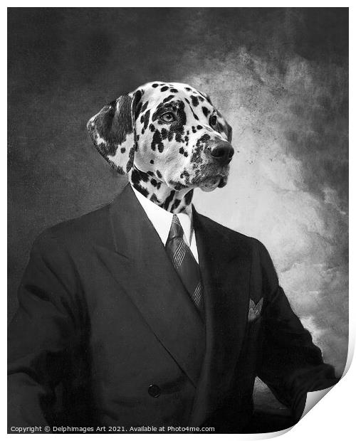 Portrait of a dalmatian dog in a black suit Print by Delphimages Art