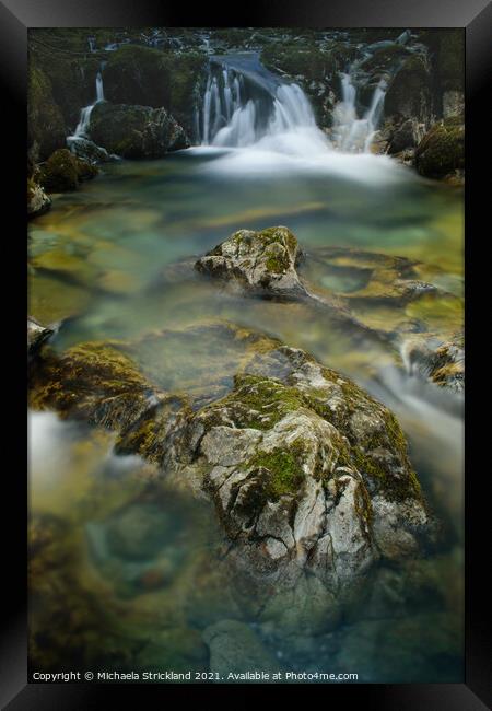 Waterfall and rock pool, Lake District. Framed Print by Michaela Strickland