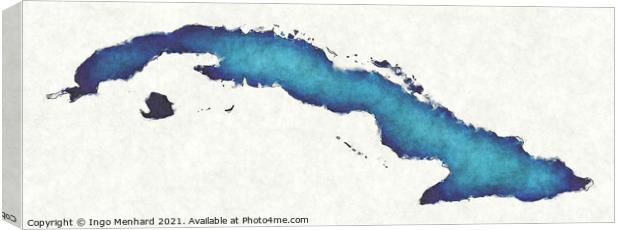 Cuba map with drawn lines and blue watercolor illustration Canvas Print by Ingo Menhard