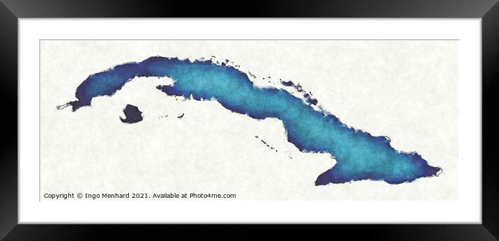 Cuba map with drawn lines and blue watercolor illustration Framed Mounted Print by Ingo Menhard