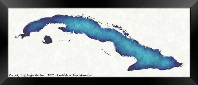 Cuba map with drawn lines and blue watercolor illustration Framed Print by Ingo Menhard