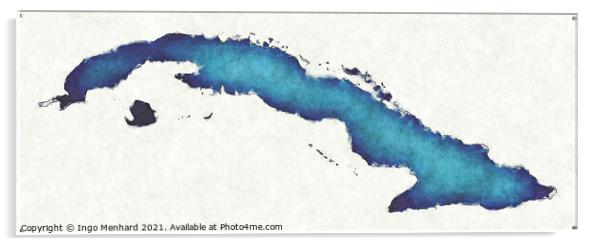 Cuba map with drawn lines and blue watercolor illustration Acrylic by Ingo Menhard