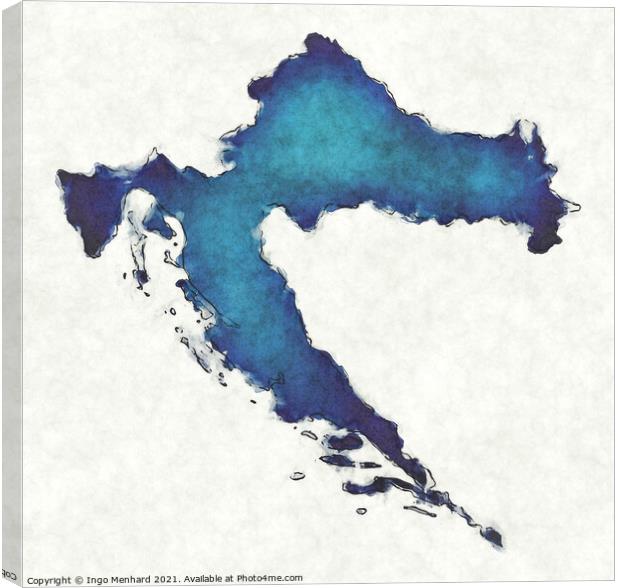 Croatia map with drawn lines and blue watercolor illustration Canvas Print by Ingo Menhard