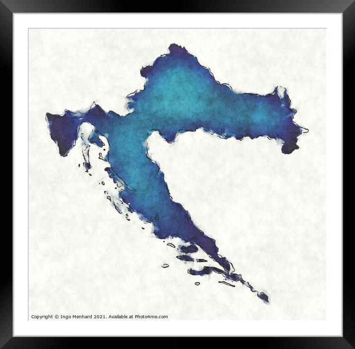 Croatia map with drawn lines and blue watercolor illustration Framed Mounted Print by Ingo Menhard