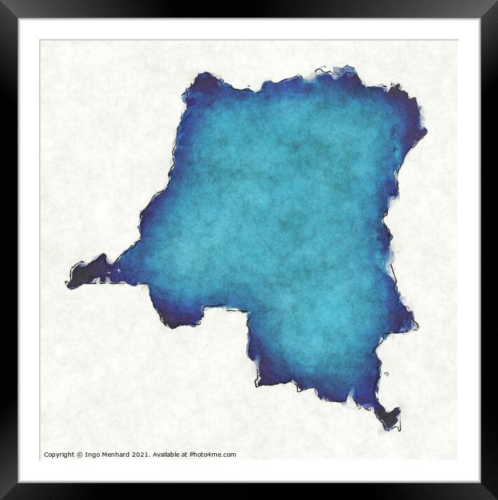 Congo Democratic Republic map with drawn lines and blue watercol Framed Mounted Print by Ingo Menhard