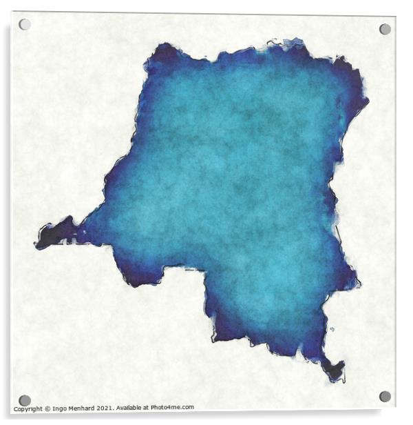 Congo Democratic Republic map with drawn lines and blue watercol Acrylic by Ingo Menhard