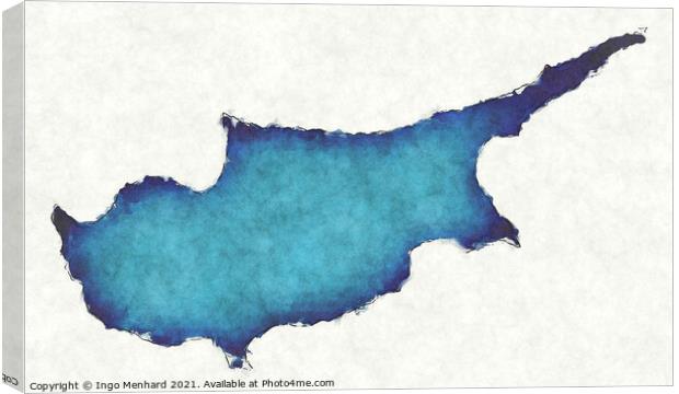 Cyprus map with drawn lines and blue watercolor illustration Canvas Print by Ingo Menhard