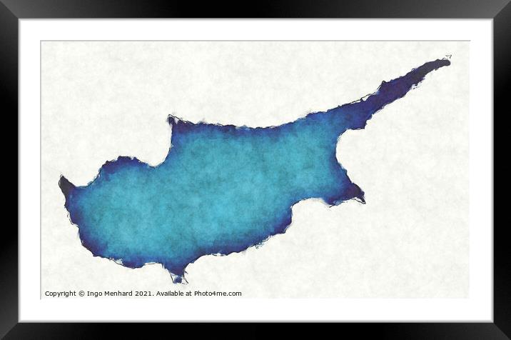 Cyprus map with drawn lines and blue watercolor illustration Framed Mounted Print by Ingo Menhard
