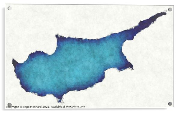 Cyprus map with drawn lines and blue watercolor illustration Acrylic by Ingo Menhard
