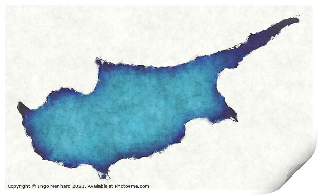 Cyprus map with drawn lines and blue watercolor illustration Print by Ingo Menhard