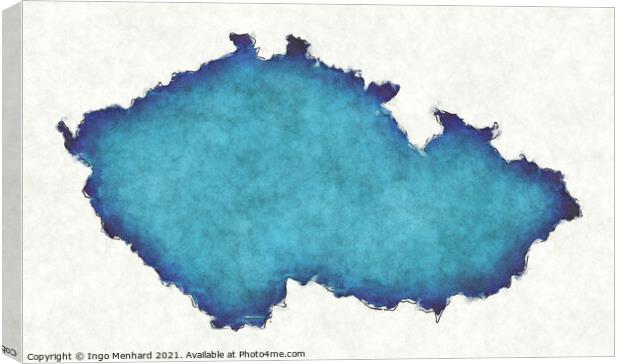 Czech Republic map with drawn lines and blue watercolor illustra Canvas Print by Ingo Menhard