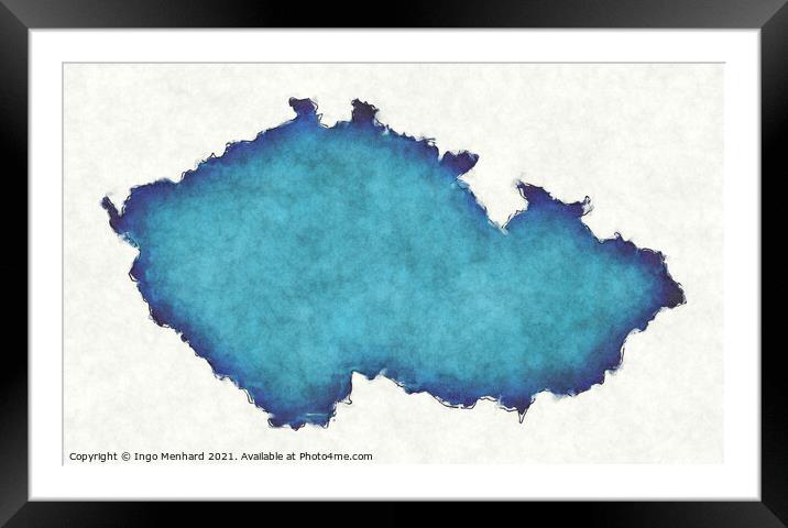 Czech Republic map with drawn lines and blue watercolor illustra Framed Mounted Print by Ingo Menhard