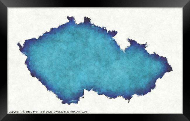 Czech Republic map with drawn lines and blue watercolor illustra Framed Print by Ingo Menhard