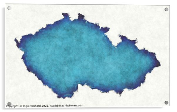Czech Republic map with drawn lines and blue watercolor illustra Acrylic by Ingo Menhard
